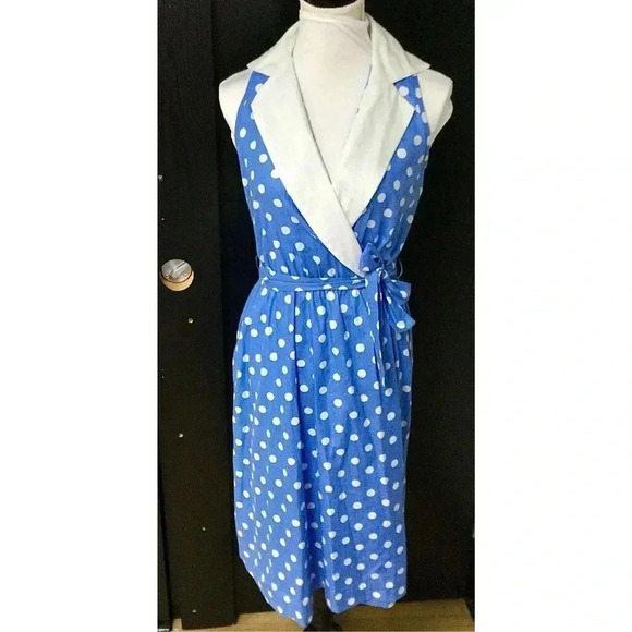 Vintage Komar Womens Blue White Polka Dot Sleeveless Tie Waist Wrap Dress Large - Picture 2 of 12